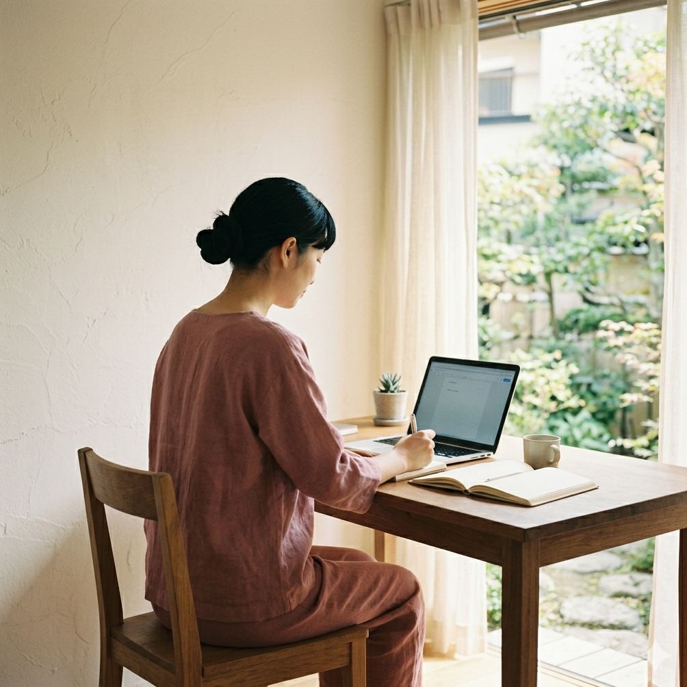 机でノートに書く女性