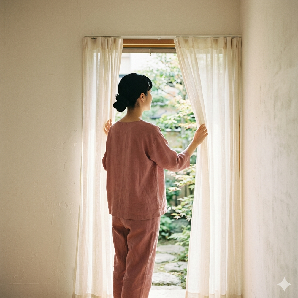 カーテンを開ける女性