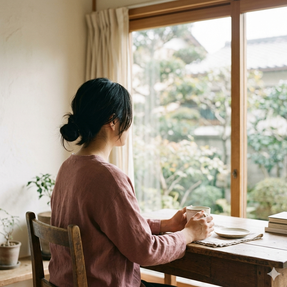 窓辺でお茶を持つ女性の後ろ姿