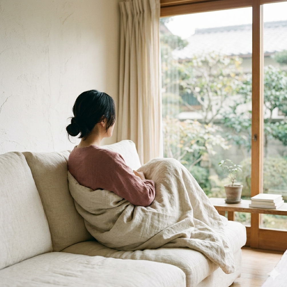 ブランケットにくるまり休息する女性